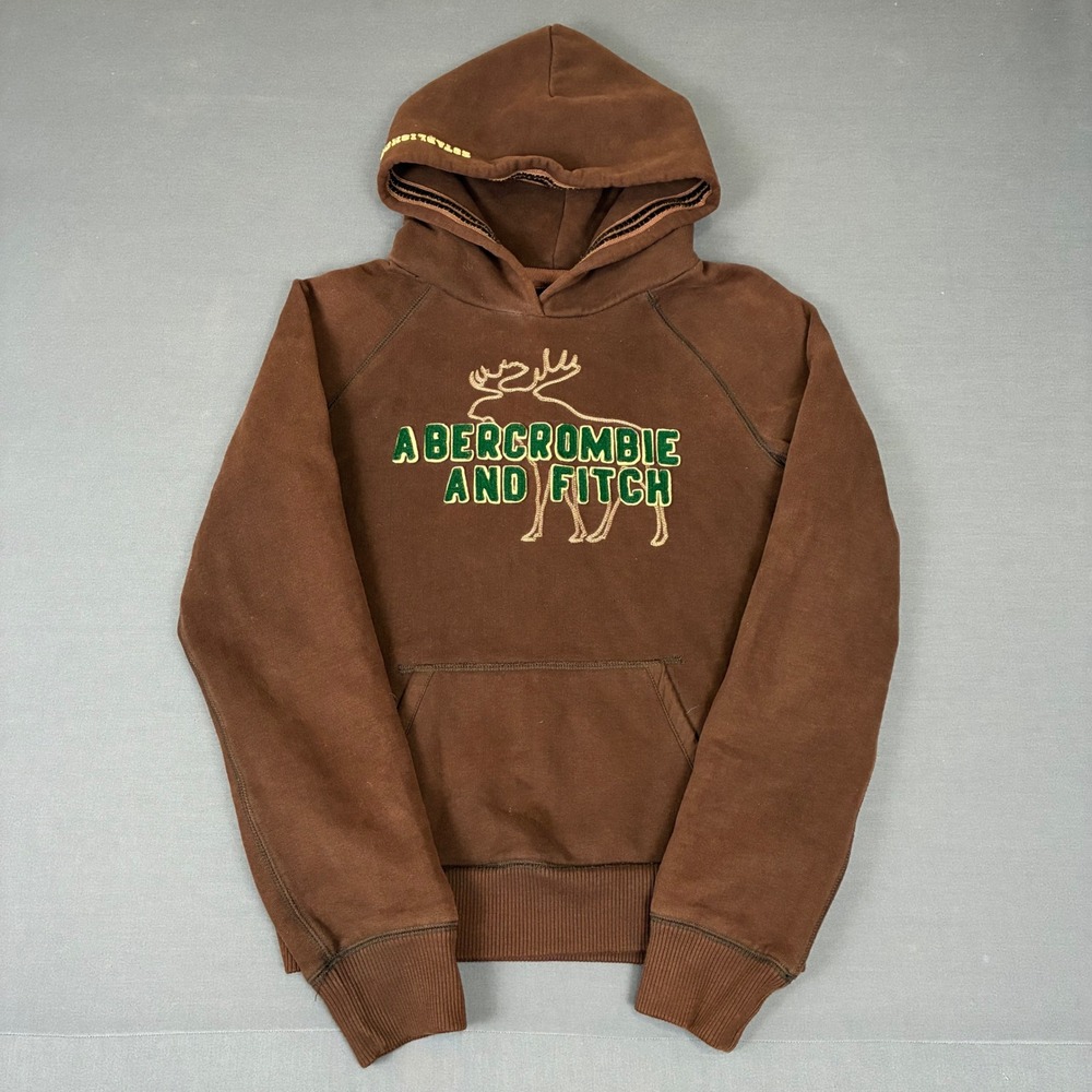 VTG Y2K Abercrombie & Fitch Spell Out Moose Logo Brown Pullover Hoodie Women's M